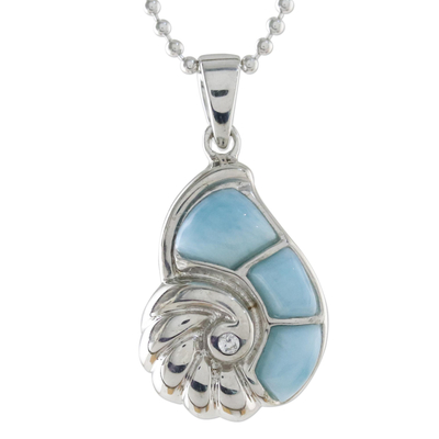 Larimar pendant necklace, 'Ocean's Call' - Larimar and Sterling Silver Nautilus Pendant Necklace