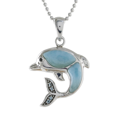 Larimar and topaz pendant necklace, 'Dolphin Leap' - Larimar and Sterling Silver Leaping Dolphin Pendant Necklace