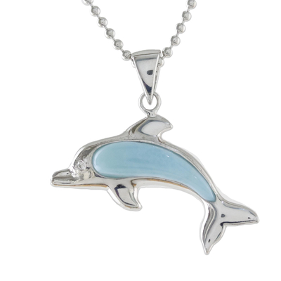 collar con colgante de larimar - Collar con colgante de delfín nadador de plata de ley Larimar