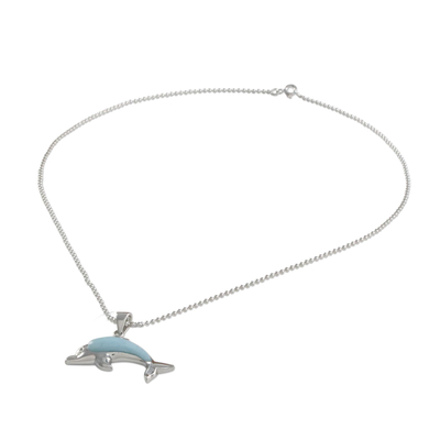 collar con colgante de larimar - Collar con colgante de delfín nadador de plata de ley Larimar