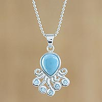 Larimar and blue topaz pendant necklace, 'Sweet Octopus' - Larimar Blue Topaz Octopus Sterling Silver Pendant Necklace