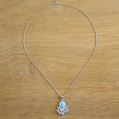 Larimar and blue topaz pendant necklace, 'Sweet Octopus' - Larimar Blue Topaz Octopus Sterling Silver Pendant Necklace