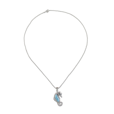 Larimar pendant necklace, 'Sweet Seahorse' - Larimar and Sterling Silver Seahorse Pendant Necklace