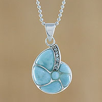 Larimar pendant necklace, 'Nature's Spiral' - Larimar Spiral Sterling Silver Nautilus Pendant Necklace