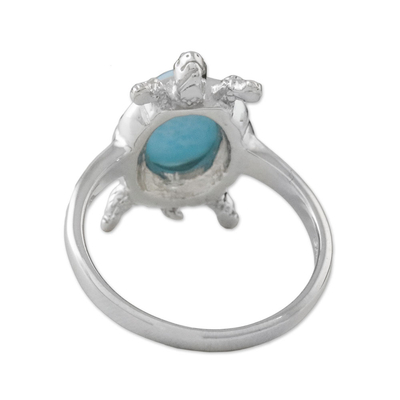 Larimar cocktail ring, 'Seaside Turtle' - Larimar and Textured Sterling Silver Turtle Cocktail Ring