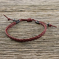 Men's leather wristband bracelet, 'Rustic Simplicity' - Men's Cow Bone Bead Mahogany Braided Leather Wrap Bracelet