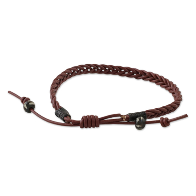 Men's leather wristband bracelet, 'Rustic Simplicity' - Men's Cow Bone Bead Mahogany Braided Leather Bracelet