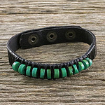 Men's Brown Leather Recon Turquoise Wristband Bracelet, 'Straight Path'