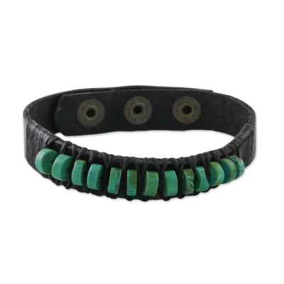 Men's leather wristband bracelet, 'Straight Path' - Men's Brown Leather Recon Turquoise Wristband Bracelet