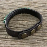 Men's leather wristband bracelet, 'Straight Path' - Men's Brown Leather Recon Turquoise Wristband Bracelet