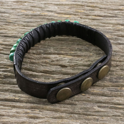 Men's leather wristband bracelet, 'Straight Path' - Men's Brown Leather Recon Turquoise Wristband Bracelet