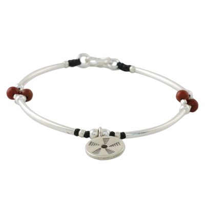 Jasper Bead and Hill Tribe Silver Disc Charm Bracelet
