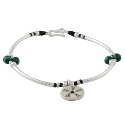 Malachite Bead and Hill Tribe Silver Disc Charm Bracelet