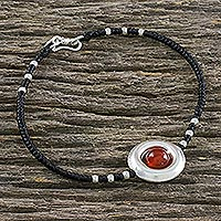 Carnelian beaded pendant bracelet, 'Revolve in Red-Orange' - Carnelian and Hill Tribe Silver Beaded Pendant Bracelet