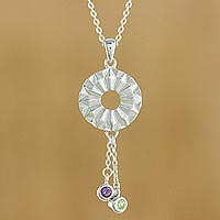 Amethyst and peridot pendant necklace, 'Facet Fascination' - Amethyst and Peridot Sterling Silver Circle Pendant Necklace