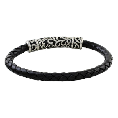 Leather braided pendant bracelet, 'Ancient Cross in Black' - Leather Cross Pendant Bracelet in Black from Thailand