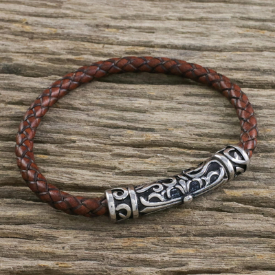 Leather braided pendant bracelet, 'Ancient Cross in Brown' - Leather Cross Pendant Bracelet in Brown from Thailand