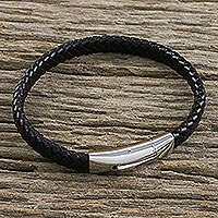 Leather braided wristband bracelet, 'Simple Life in Black' - Leather Braided Wristband Bracelet in Black from Thailand