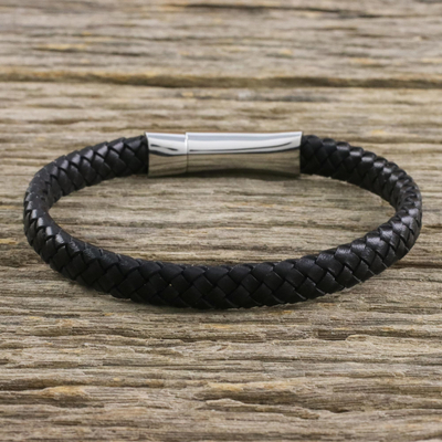 Leather braided wristband bracelet, 'Simple Life in Black' - Leather Braided Wristband Bracelet in Black from Thailand
