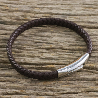 Leather braided wristband bracelet, 'Simple Life in Brown' - Leather Braided Wristband Bracelet in Brown from Thailand