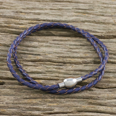 Leather wrap bracelet, 'Blue Charm' (15 in.) - Leather Wrap Bracelet in Blue (15 in.) from Thailand