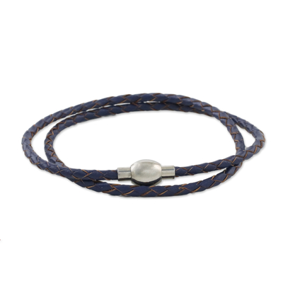 Leather wrap bracelet, 'Blue Charm' (15 in.) - Leather Wrap Bracelet in Blue (15 in.) from Thailand