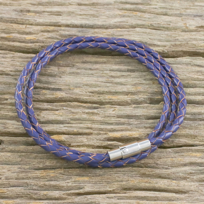 Wickelarmband aus Leder, (23 Zoll) - Leder-Wickelarmband in Blau (23 Zoll) aus Thailand