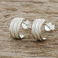 Sterling silver half-hoop earrings, 'Classic Curve' - Rope Motif Sterling Silver Half-Hoop Earrings