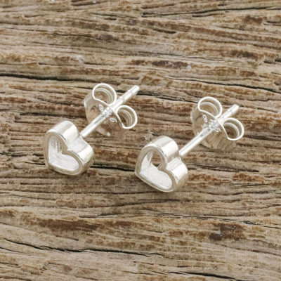 Sterling silver stud earrings, 'Take My Heart' - High-Polish Sterling Silver Heart Stud Earrings