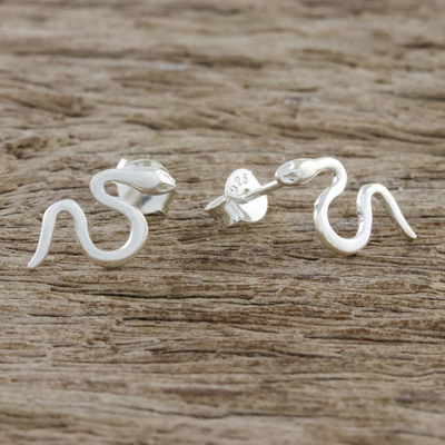 Sterling silver drop earrings, 'Friendly Serpents' - Sterling Silver Friendly Serpents Drop Post Earrings