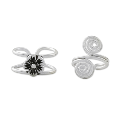 Sterling silver ear cuffs, 'Flower and Spiral' - Floral Sterling Silver Ear Cuffs from Thailand