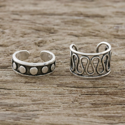 Sterling silver ear cuffs, 'Simple Style' - Circle and Wave Motif Sterling Silver Ear Cuffs