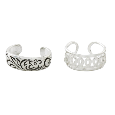 Sterling silver ear cuffs, 'Dizzying Beauty' - Floral and Wave Motif Sterling Silver Ear Cuffs