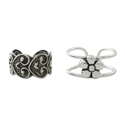 Floral and Heart Motif Sterling Silver Ear Cuffs