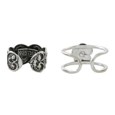 Ear cuffs de plata de ley - Ear Cuffs de Plata de Ley con Motivo Floral y Corazón