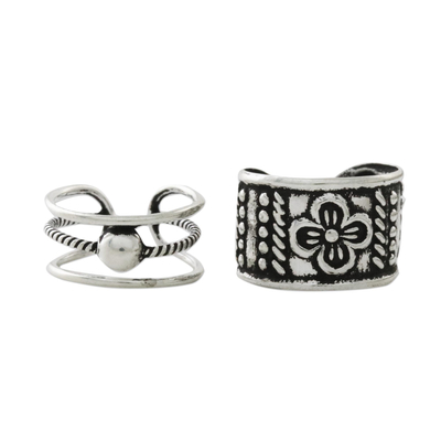 Sterling silver ear cuffs, 'Cool Charm' - Floral and Rope Motif Sterling Silver Ear Cuffs