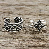 Sterling silver ear cuffs, 'Floral Celt' - Floral and Celtic Knot Motif Sterling Silver Ear Cuffs