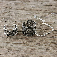 Sterling silver ear cuffs, 'Flower Maze' - Floral Sterling Silver Ear Cuffs with Chain from Thailand