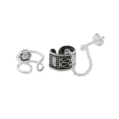 Sterling silver ear cuffs, 'Sweet Strength' - Sterling Silver Ear Cuffs with Chain from Thailand