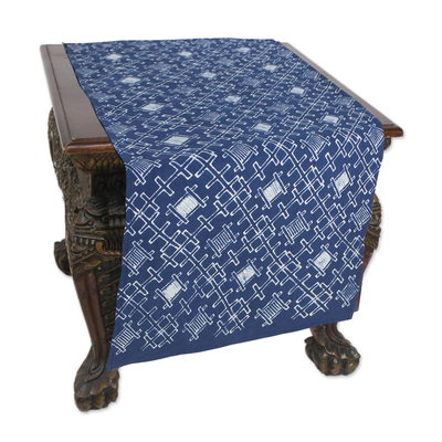 Cotton batik table runner, 'Batik Oblique' - Hmong Dark Blue and White Cotton Batik Table Runner