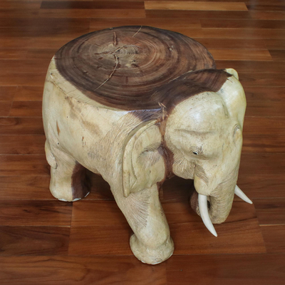 Wood stool, 'Elephant Relaxation' (15 inch) - Natural Wood Elephant Stool from Thailand (15 Inch)