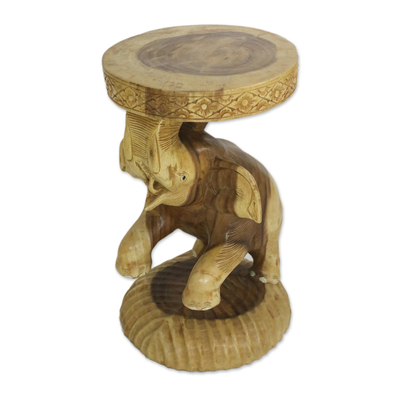 Wood stool, 'Hello Elephant' - Raintree Wood Elephant Stool Crafted in Thailand