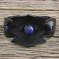Men's lapis lazuli leather cuff bracelet, 'World View'