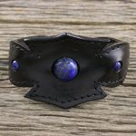 Men's lapis lazuli leather cuff bracelet, 'World View' - Men's Lapis Lazuli and Notched Black Leather Cuff Bracelet