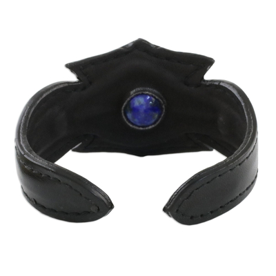 Men's lapis lazuli leather cuff bracelet, 'World View' - Men's Lapis Lazuli and Notched Black Leather Cuff Bracelet