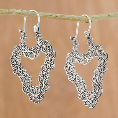 Sterling silver hoop earrings, 'Exquisite Heart' - Handcrafted Sterling Silver Scrollwork Heart Hoop Earrings