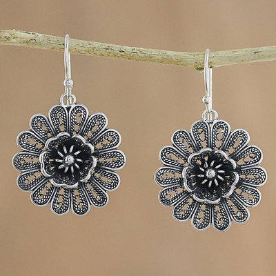 Sterling silver filigree dangle earrings, 'Intricate Petals' - Handcrafted Sterling Silver Flower Dangle Earrings