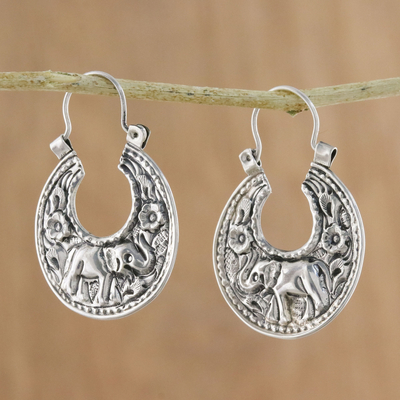 Sterling silver hoop earrings, 'Lanna Elephant' - Elephant-Themed Sterling Silver Hoop Earrings from Thailand