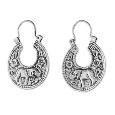 Sterling silver hoop earrings, 'Lanna Elephant' - Elephant-Themed Sterling Silver Hoop Earrings from Thailand