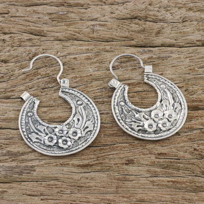Sterling silver hoop earrings, 'Lanna Flower' - Floral Sterling Silver Hoop Earrings from Thailand
